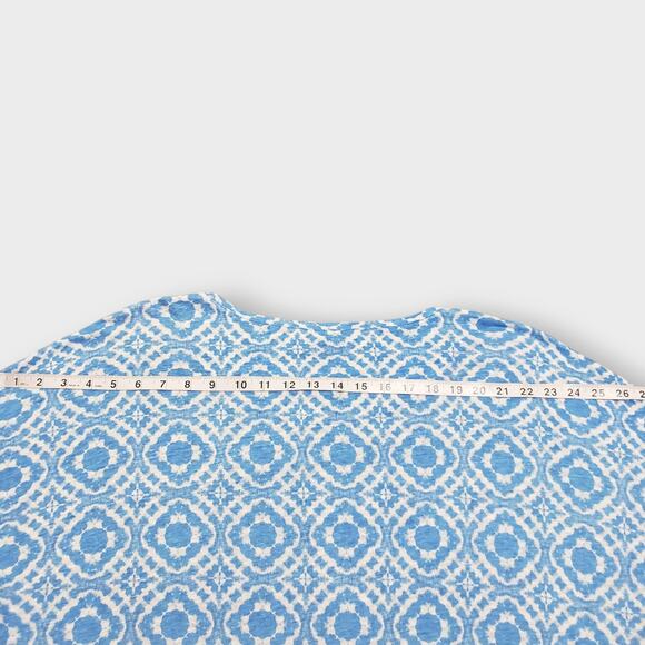 Chico's Blue Geo Print Linen Dolman Top Sz 3 (XL) Summer Coastal Beachy Casual - Picture 11 of 12